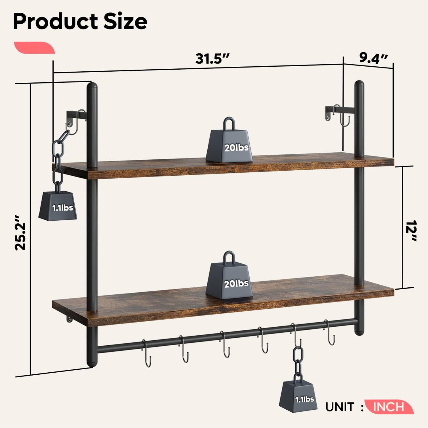 Bestier Pipe Shelf Industrial Floating Shelving 31" Kitchen Wall-Mounted Shelf with Towel Bar Hooks Coffee Bar Shelves Wine Hanging Display Rack Bookshelf Living Room Decor Bathroom-Rustic Brown