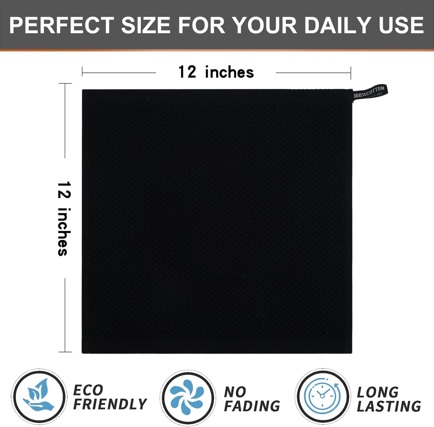 Kitinjoy 100% Cotton Kitchen Dish Cloths, 6 Pack Waffle Weave Dish Towels Ultra Soft Absorbent Quick Drying Dish Rags, 12 X 12 Inches, Black