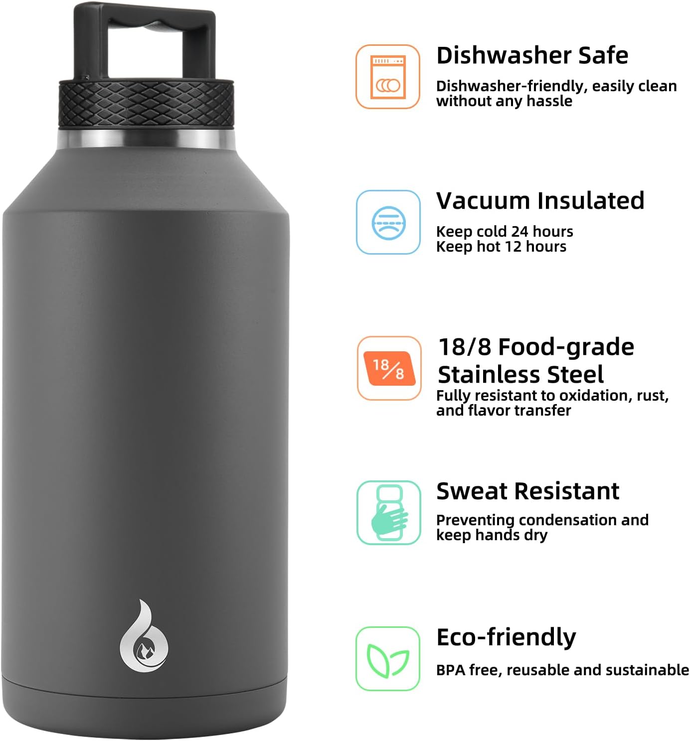 BJPKPK Half Gallon Water Bottle Insulated, Dishwasher Safe 64 oz Water Bottle with Handle, Leakproof BPA Free Water Jug, Large Stainless Steel Thermos for Sports, Grey