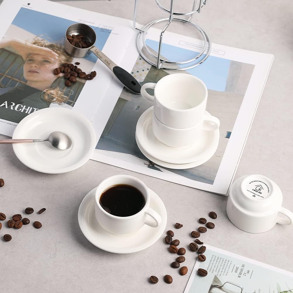 Sweejar Porcelain Espresso Cups with Saucers, 2.5 Ounce Stackable Cappuccino Cups with Metal Stand for Coffee Drinks, Latte, Tea - Set of 4 (Black)