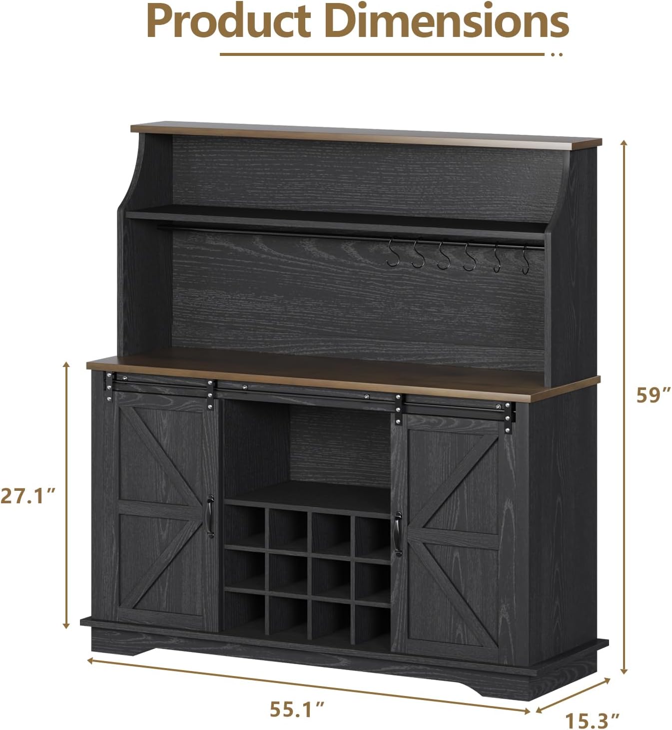 55 Inch Farmhouse Coffee Bar Cabinet with 3-Tier Storage, Kitchen Hutch with 12 Wine Racks & 3 Glass Holders, Coffee Bar with 6 Hooks, Wine Bar Cabinet for Dining Living Room, Black