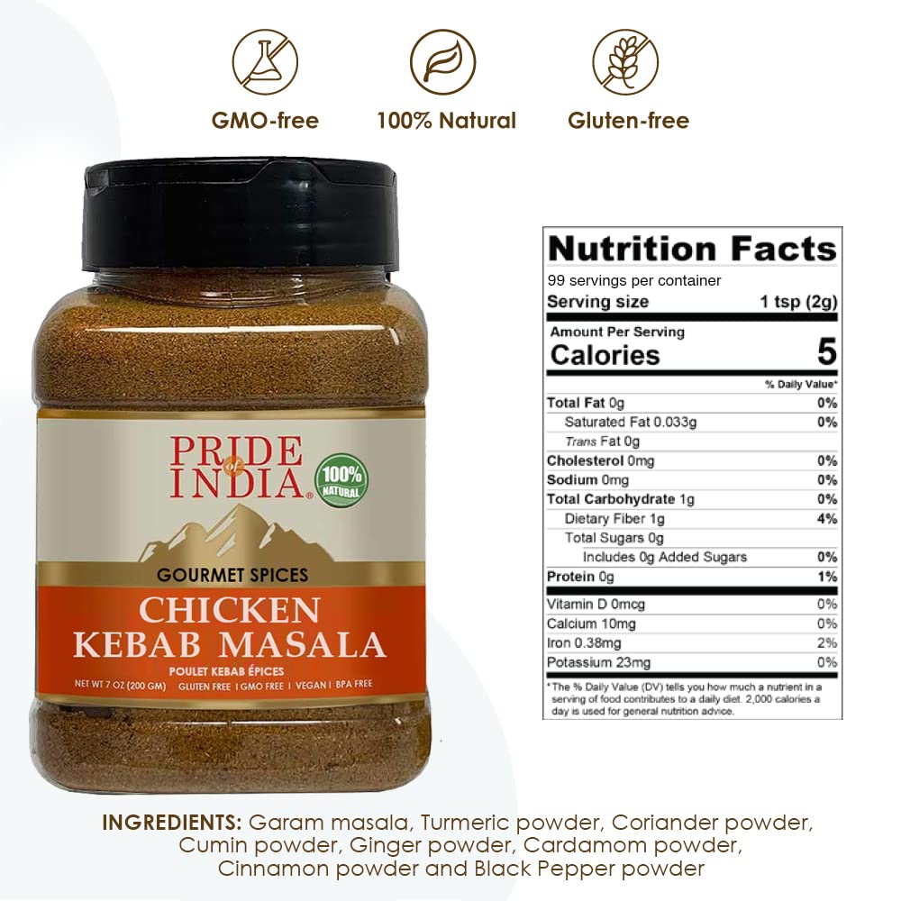 Pride of India – Butter Chicken Kebab Seasoning Spice – Gourmet Spice Blend – Artisanal Rub – Good for Chicken Meat & Paneer – Preservatives Free – 7 oz. Medium Dual Sifter Jar