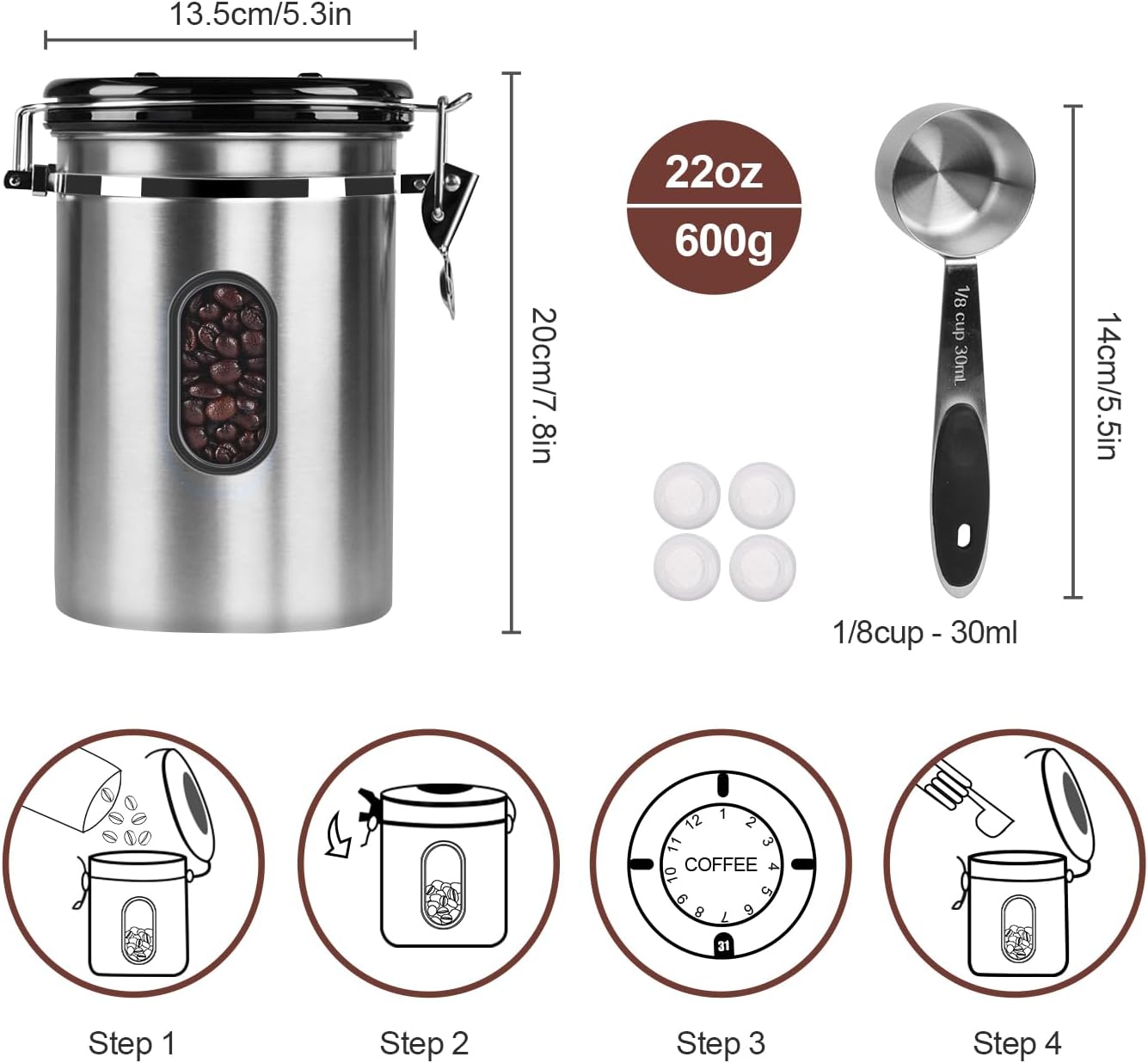 1800ML Airtight Coffee Canister with Date Tracker&Transparent Window, 22.8OZ Coffe Beans Storage with 30ML Measure Spoon&4 co2 Valve, Coffee Container for Grounds Coffee, Beans, Tea, Sugar(Silver)