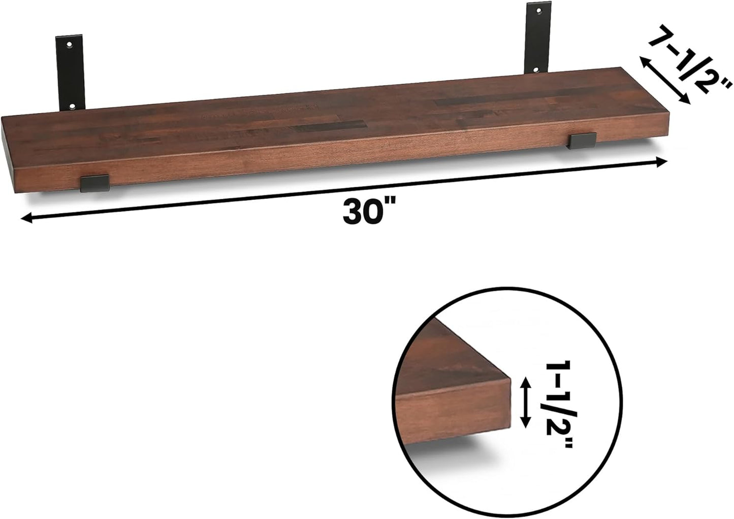 CONSDAN Floating Shelves for Wall Mounted Book Shelf Hanging Shelves Floating Bookshelf for Bedroom, Bathroom, Living Room, Kitchen USA Grown Solid Hardwood, Dark Maple 30x7.5x1.5 in (Set of 2)