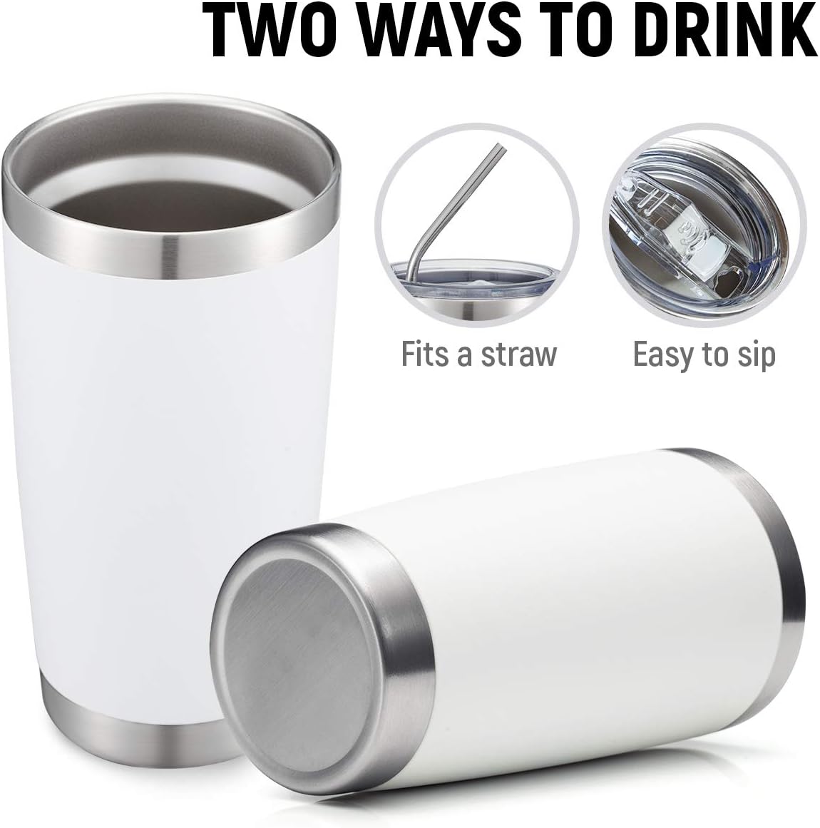 COMOOO 20oz Double Wall Vacuum Insulated Travel Mug, Stainless Steel Tumbler with Lid and Straw Durable Powder Coated Insulated Coffee Cup for Cold & Hot Drinks (White. 2 pack