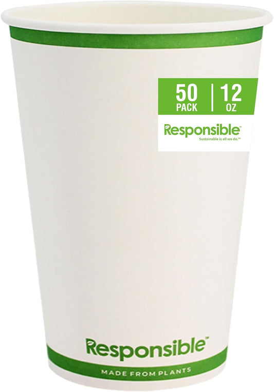 Certified Compostable 12 oz Paper Cups, Cold ＆ Hot Coffee Cups, Disposable Paper Cups, Extra Strength Disposable Cups, Made without PFAS (50 count)