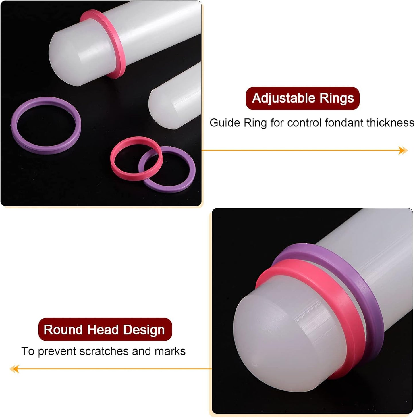 HARFINGTON Fondant Rolling Pin 18 Inch x 0.98 Inch Adjustable Guide Rings Non-Stick PP Plastic Fondant Roller Dough Roller Kitchen Decorating Tools for Cookie Pastry Pizza Clay