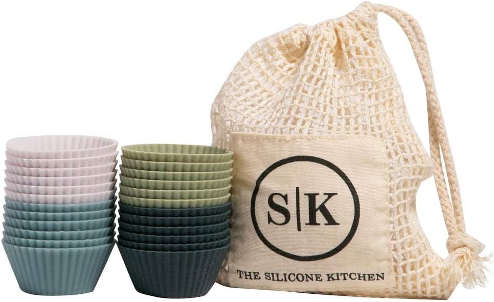 The Silicone Kitchen Reusable Mini Silicone Baking Cup, Non-Toxic, BPA Free, Dishwasher Safe, Mini, 24 Pack, White Blue Green