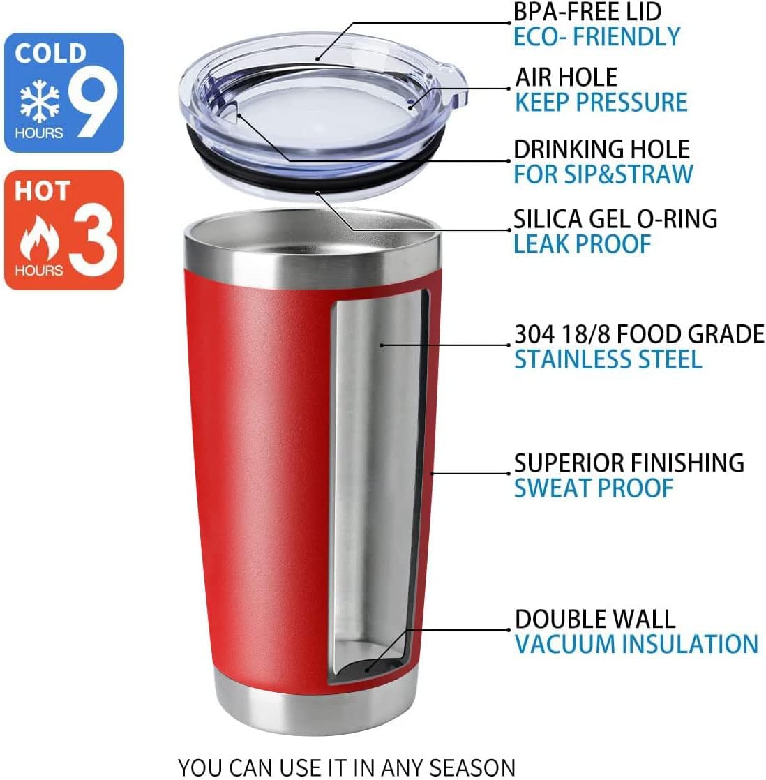 HASLE OUTFITTERS 20oz Tumblers Stainless Steel Mugs with Lid Double Wall Vacuum Insulated Coffee Cups for Cold & Hot Drinks (20oz-Red, 8 Pack)