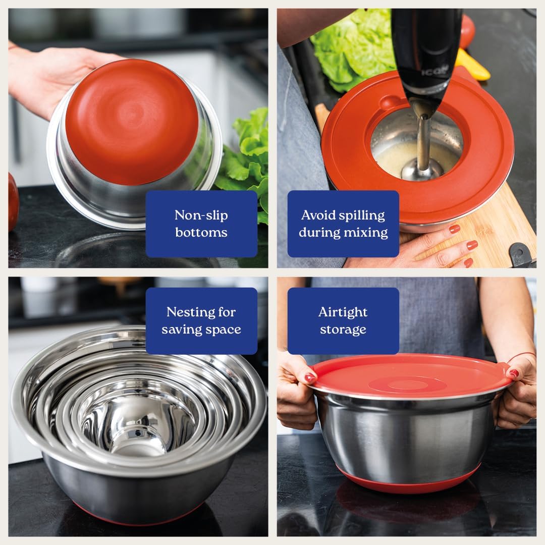 WHYSKO Stainless Steel Mixing Bowls with Lids Set - 5 Rustproof Metal Nesting Mixing Bowls for Kitchen, Meal Prep, Baking, Cooking, Storage - Includes 3 Grater Attachments, Dishwasher Safe