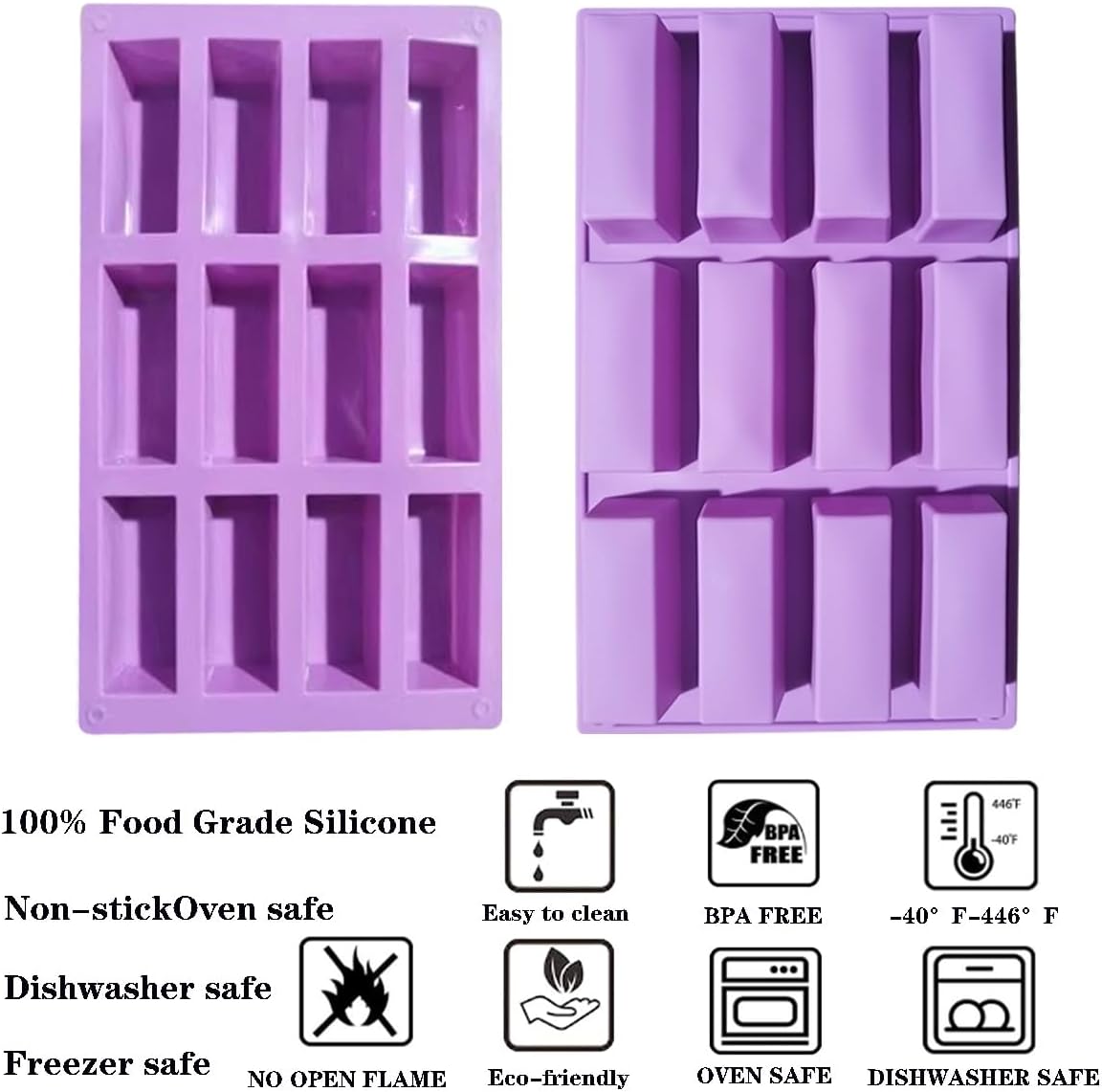 2Pcs oat bar mold - 12rectangle silicone molds - Chocolate silicone mold for baking candies/energy bars, cheesecake, dried fruit cereal cookies (2, purple)