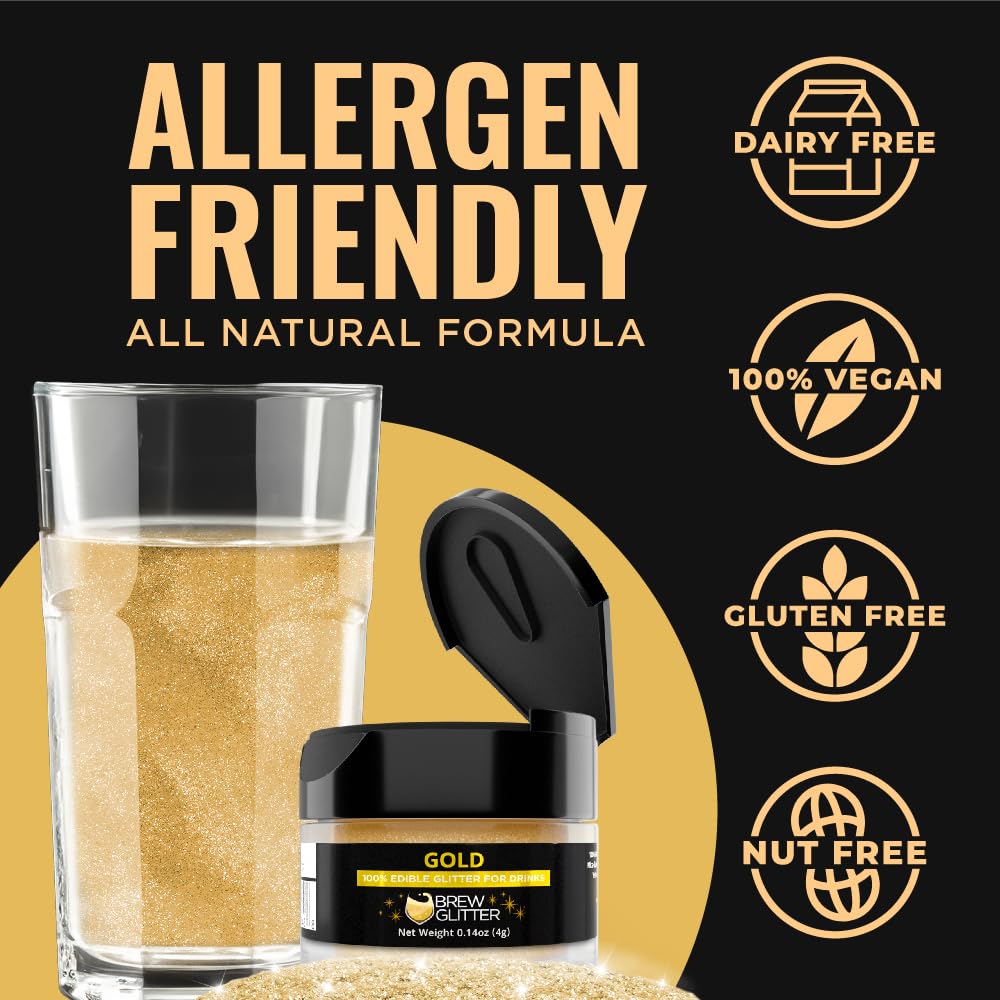 Brew Glitter Gold Edible Drink Glitter 1x 4g Jar for Cocktails, Beer, & Beverages