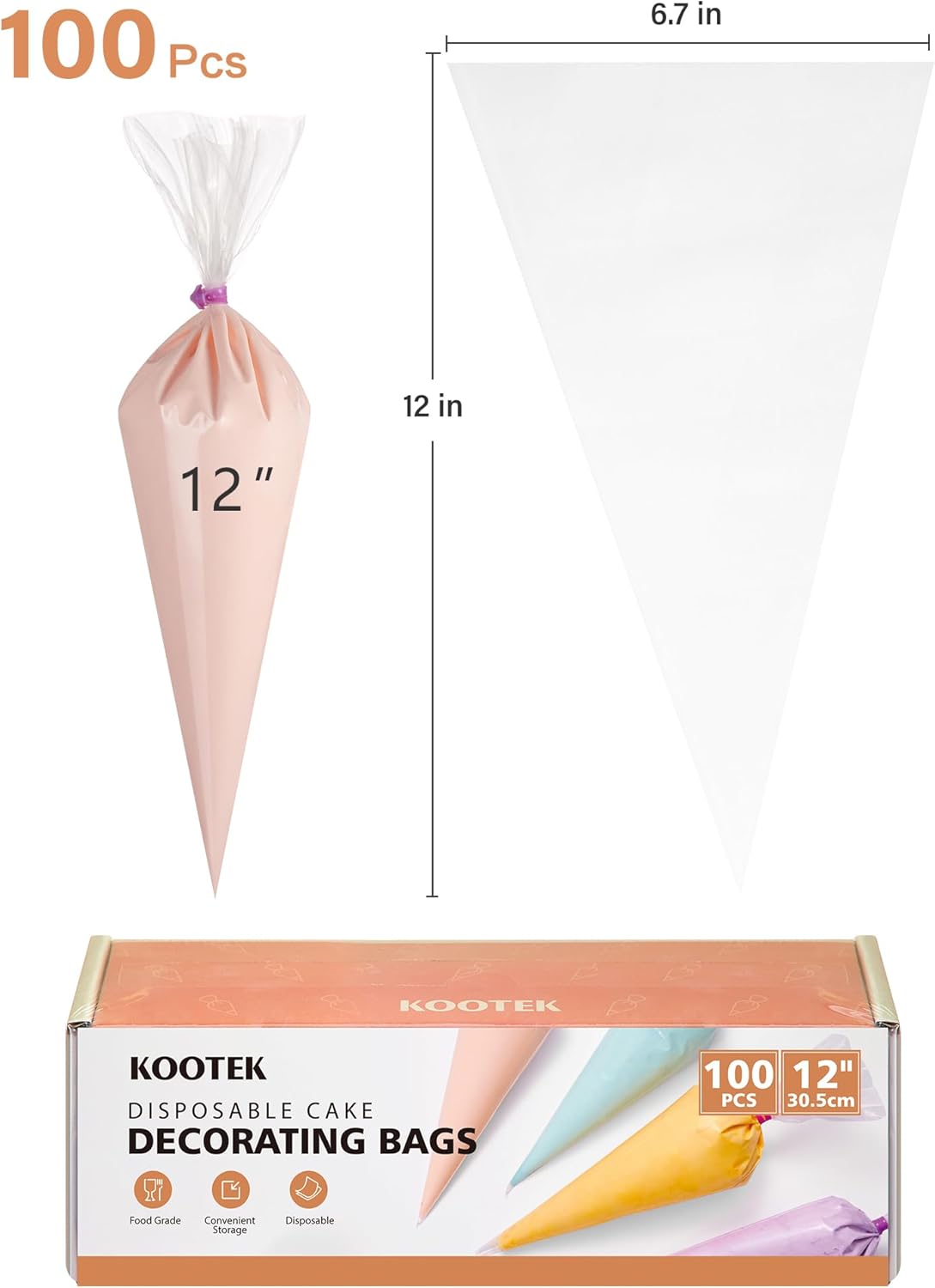 Kootek 12" Piping Bags (100Pcs), Disposable Pastry Bags Anti Burst Icing Frosting Bag Thick Cake Decorating Bags for Cookie, Cupcake, Candy, Baking Supplies Tools