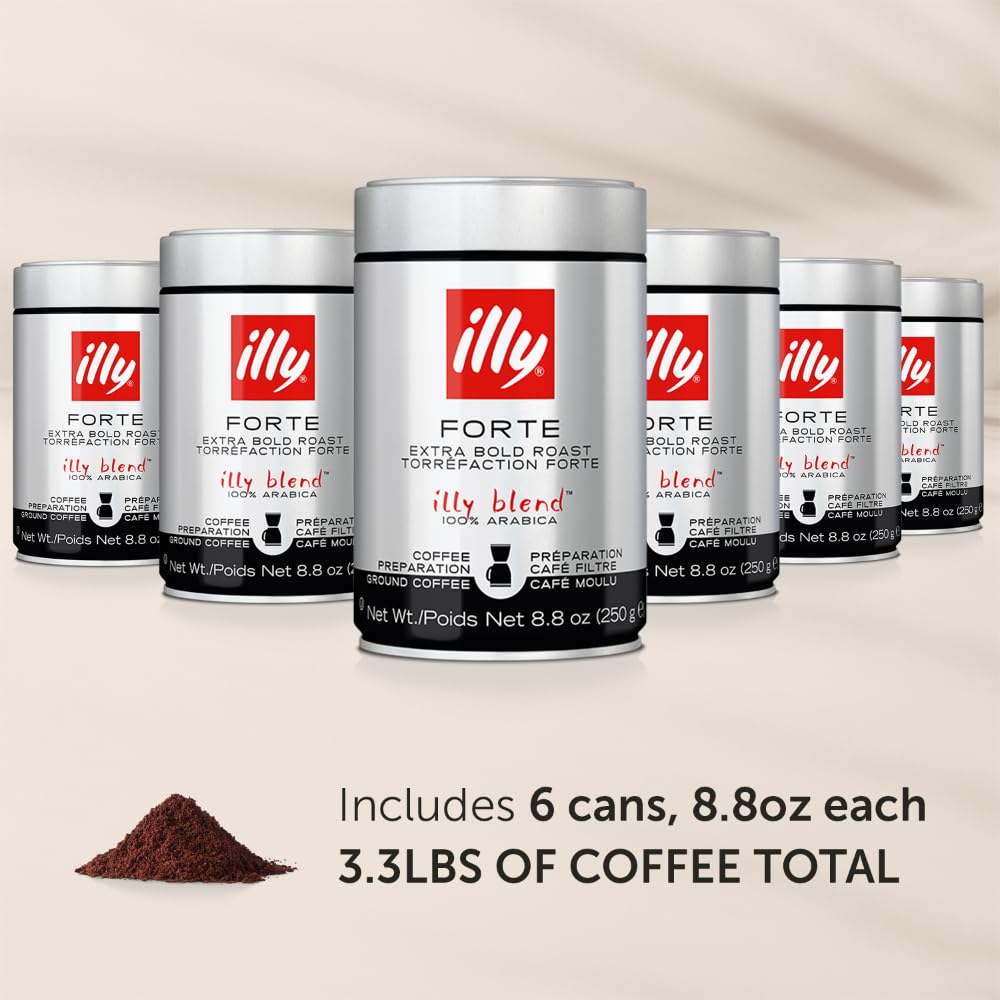 Illy Ground Drip Coffee - Forte Extra Bold Roast Coffee - Rich & Strong Flavor - 100% Arabica - Pre-Ground for Drip Pour Over - Pressurized Packaging Sealed for Freshness - 8.8oz (Pack of 6)