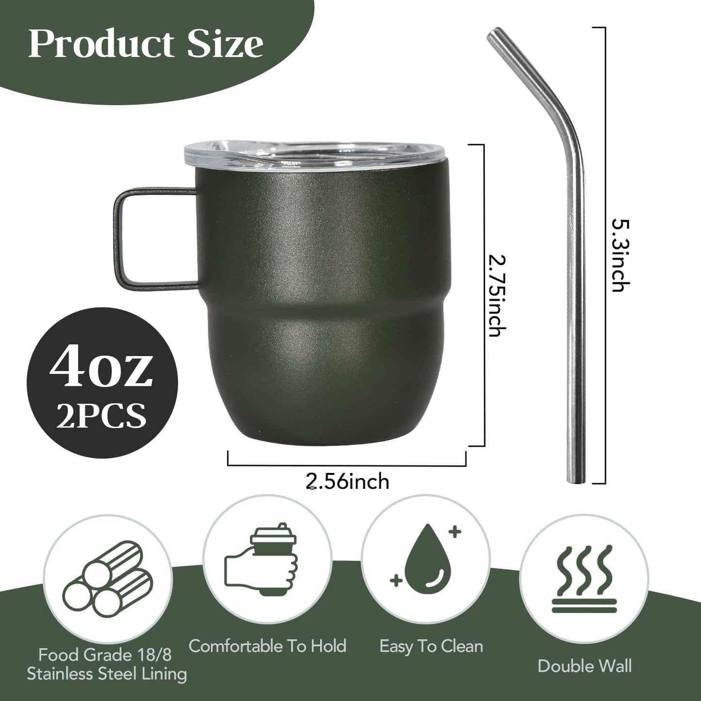 4oz Stackable Cup, Vacuum Insulated Espresso Cup Set of 2, Espresso Shot Mug for Coffee, Double Wall Stainless Steel Mini Tumbler Shot Glasses with Straw and Lid