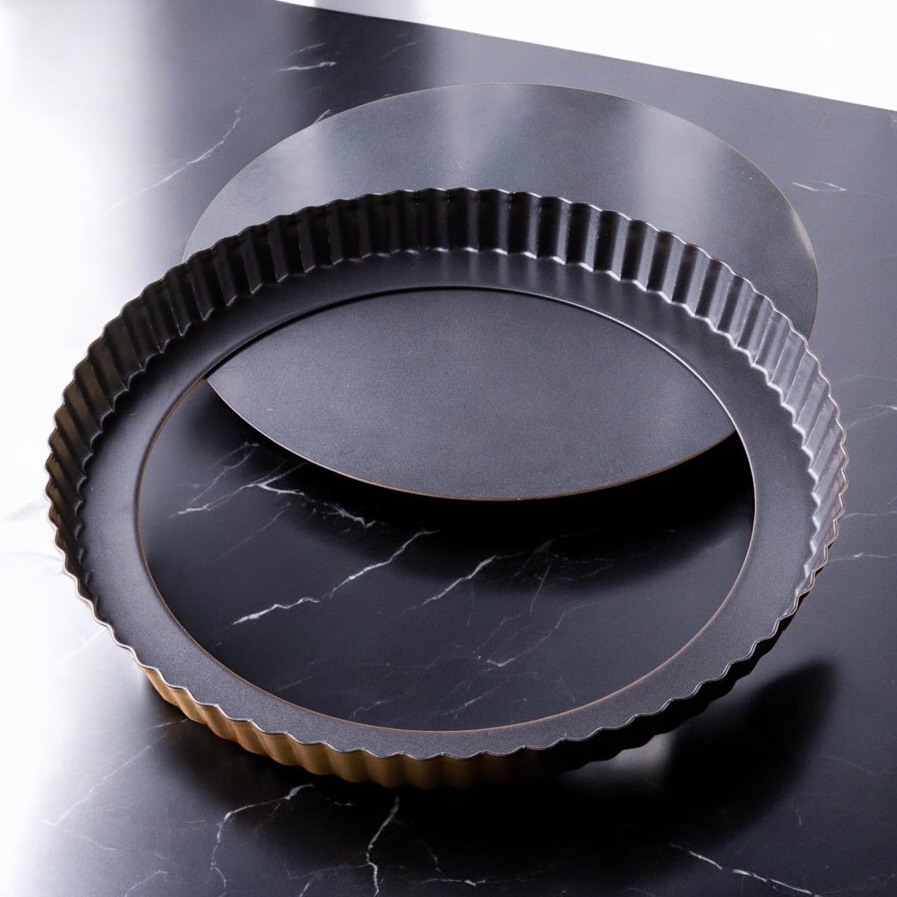 Tart Pan 11 Inch Removable Bottom- Carbon Steel Deep Quiche Pan, Rust, & Temperature Resistant 550-600 °F– Non-Stick, Perfect for Baking Fruit Tarts, Quiches & Dessert