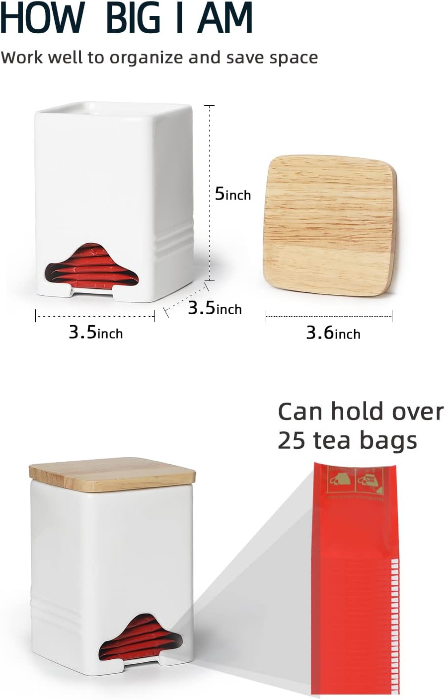 Ceramic Tea Bag Storage Organizer Caddy Holder with Lid (White)