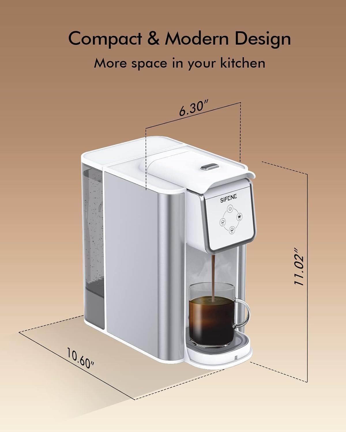 SIFENE single serve brewer 3-in-1 coffee machine for coffee pods ground loose tea 6 to 10oz brew sizes 50oz removable tank 1150w compact efficient white