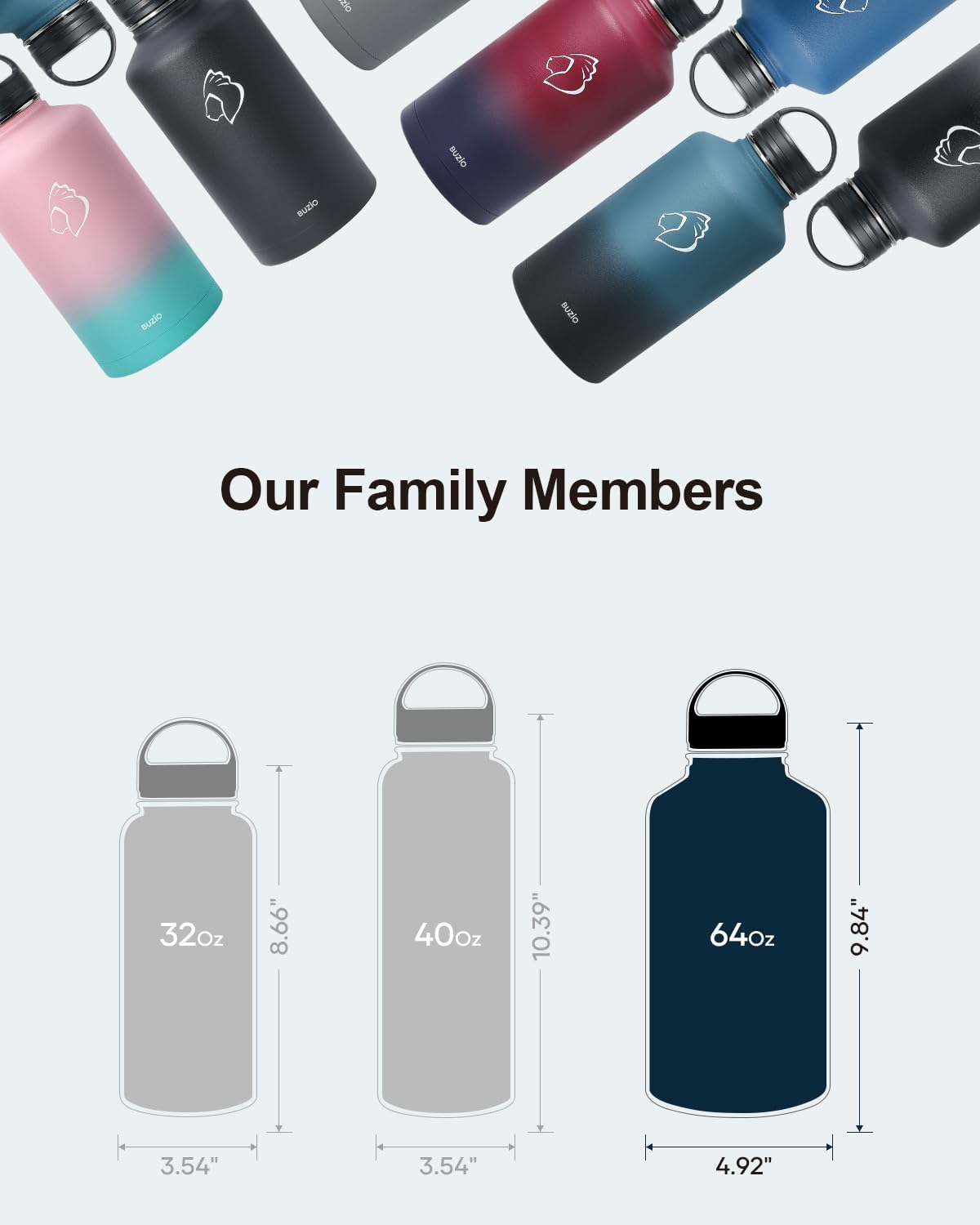 BUZIO 64 oz Water Bottle Insulated with Straw & 3 lid and Carrying Pouch, Leak Proof Half Gallon Stainless Steel Water Flask Jug, Cold for 48 Hrs Double Vacuum Thermo Canteen, BPA-Free, Purple