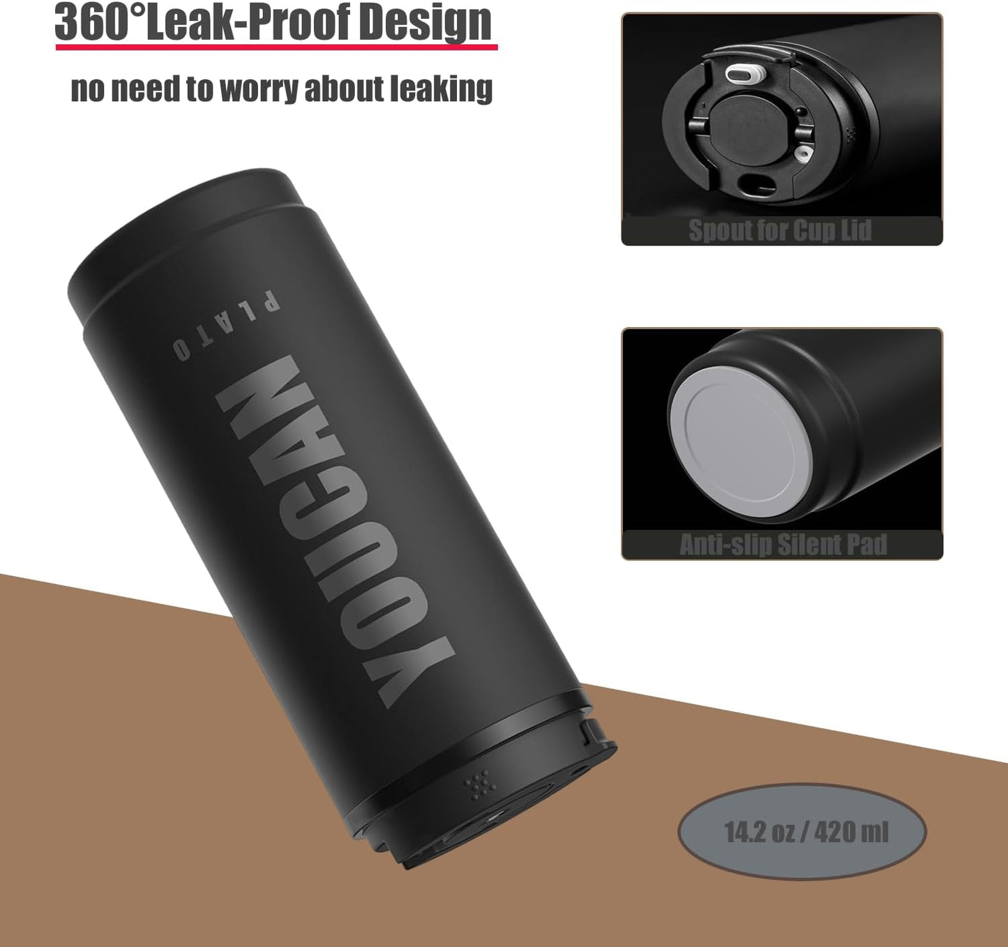 14oz Travel Coffee Tumbler,Travel Coffee Mug for Men or Women,Thermal Cup for Hot and Cold Drinks, To Go Coffee Cup,Stainless Steel Insulated Travel Coffee Tumbler with Leak Proof Lid, Tea Mug,Black