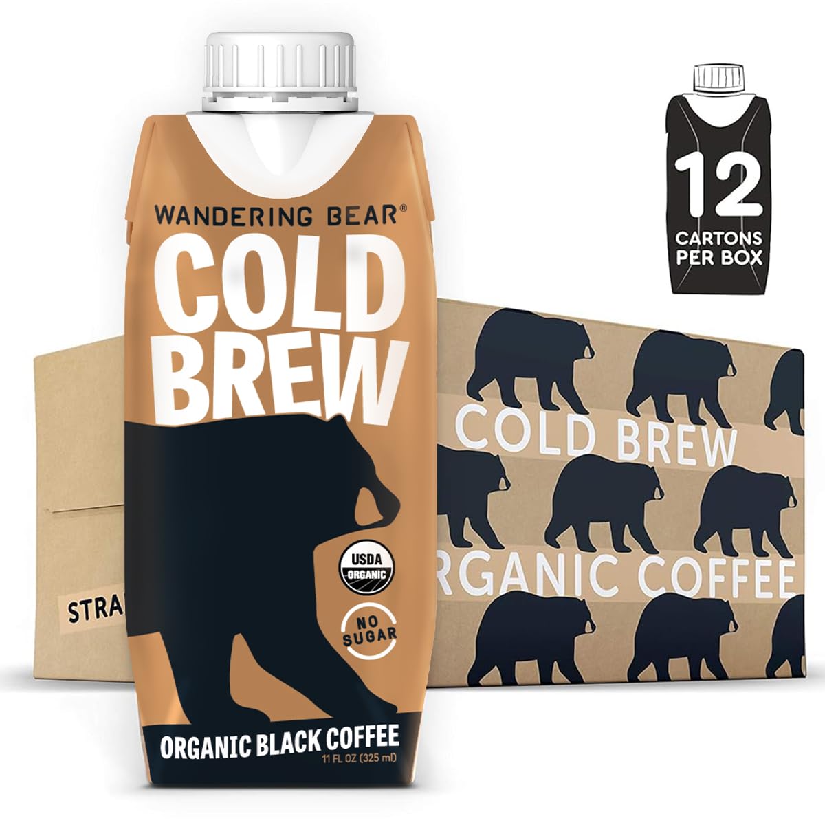 Wandering Bear Straight Black Organic Cold Brew Coffee On-the-Go, 11 fl oz, 12 pack - Extra Strong, Bold, Smooth, Unsweetened, Shelf-Stable, Ready to Drink, 100% Organic Iced Cold Brewed Coffee Drinks