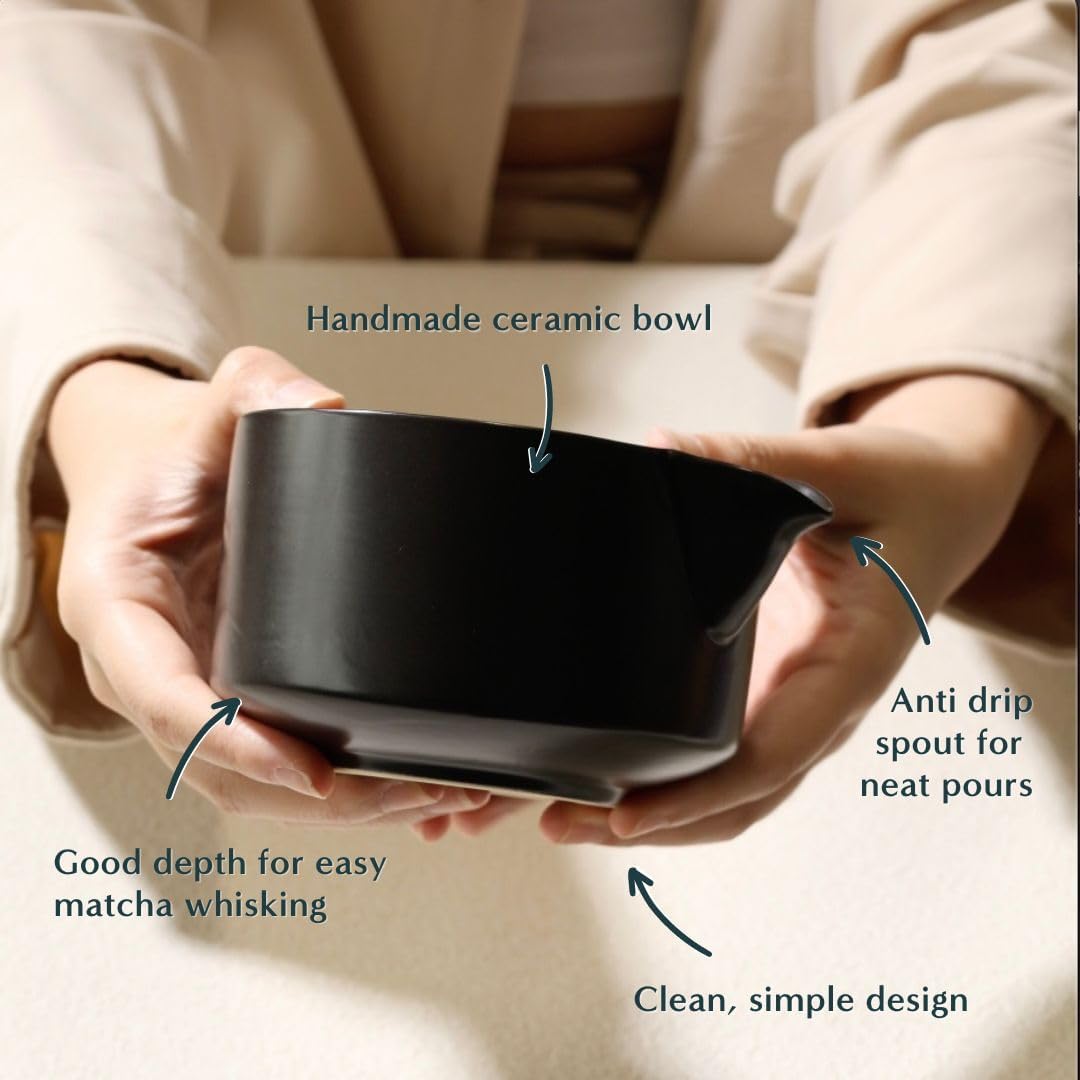 Naoki Matcha Traditional Ceramic Chawan Matcha Tea Bowl with Pour Spout Set - Hand Made Ceramic with Black Matte Glaze - For Perfectly Whisked Matcha Green Tea (18 Ounce)