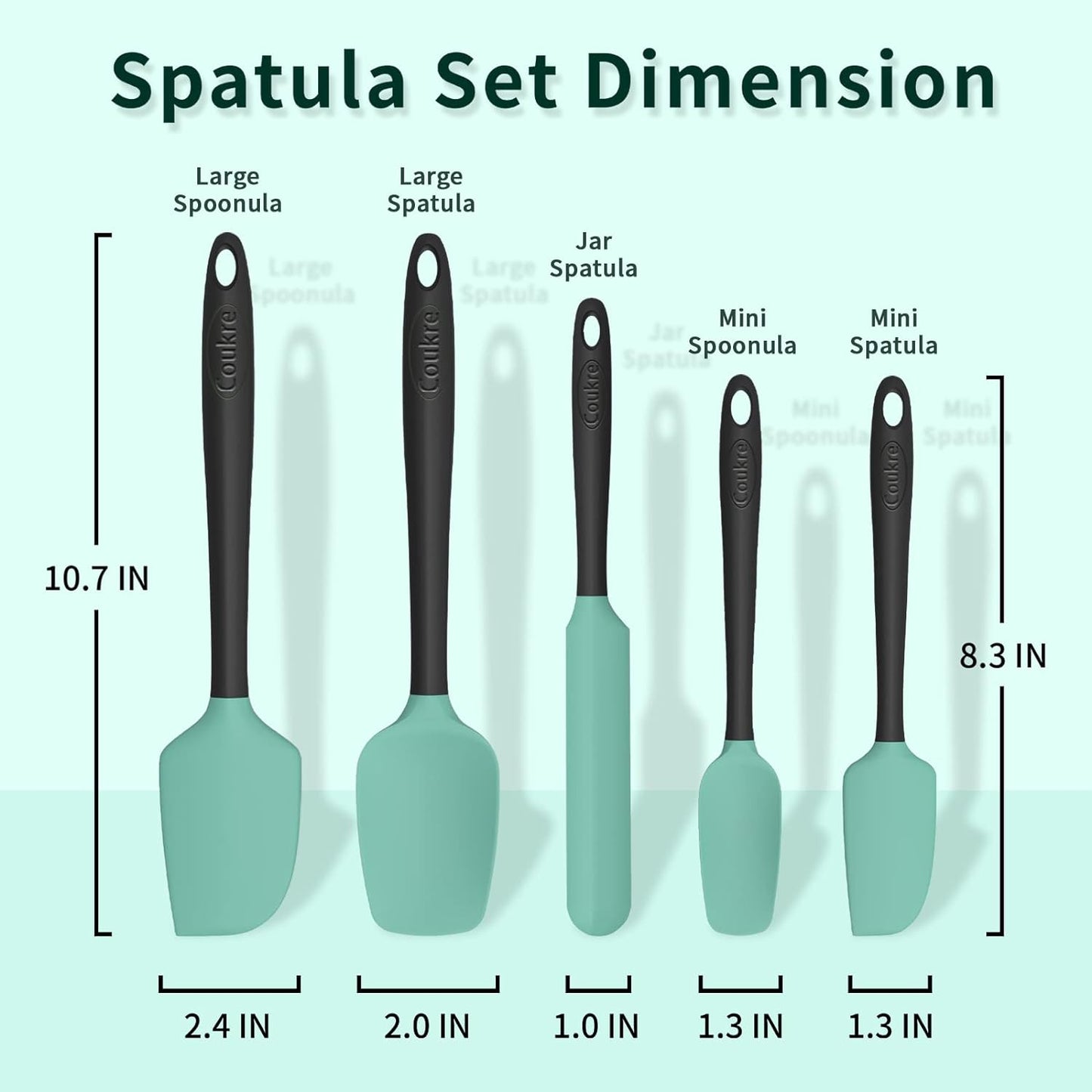 Coukre Silicone Spatula Set of 5,High Temperature Resistant, Food Grade Silicone, Dishwasher Safe, for Baking, Cooking (Aqua Green Black, Split-type)