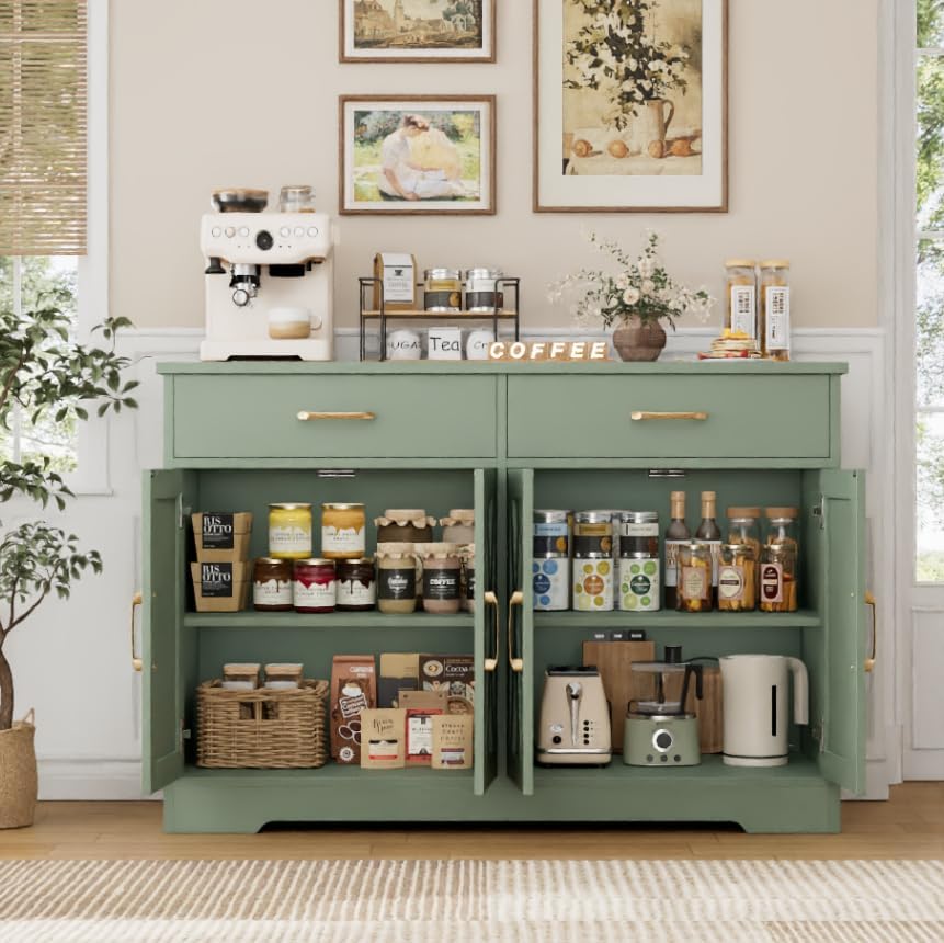 HOSTACK Buffet Cabinet with Storage, 47.2" Kitchen Sideboard Buffet with Drawers, Modern Farmhouse Coffee Bar Station with Shelves, Barn Doors Storage Cabinet for Living Room, Green