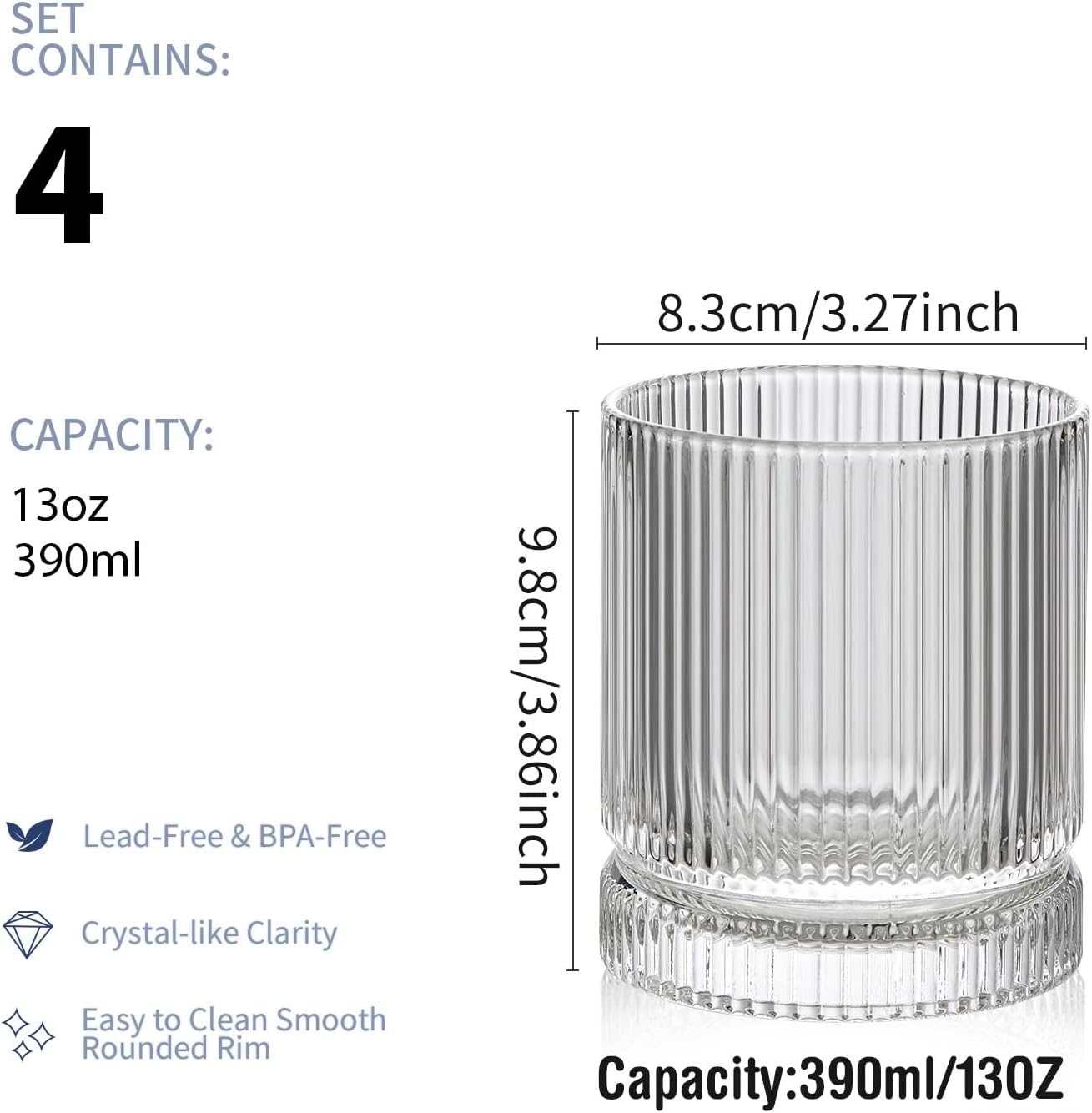 Ribbed Glass Cups Set, 390ml Vintage Drinking Glassware Set of 4, Cocktail Glasses, Low Ball Ribbed Glassware, Mixed Glassware Set, Premium Whiskey Glasses, Ideal for House of Glass