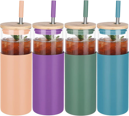 Glass Tumbler w/Lids & Straw:24oz Reusable Mug w/Bamboo Lid & Stainless Steel Straw-BPA-Free, Leak-Proof,Dishwasher Safe for Coffee,Smoothies, Hot Beverages, Travel, Office, Home Use,4-PK