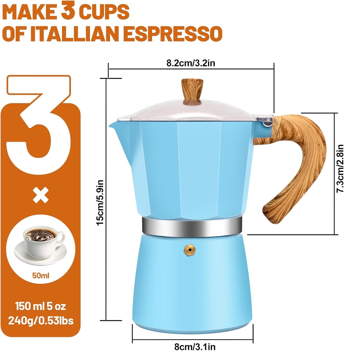 3 Cup Aluminum Espresso Stovetop Moka Pot Express Coffee Maker Percolator Italian Classic Mocha Coffee Machine for Italian and Cuban Cafe Brewing for Home & Camping 150ml 5oz