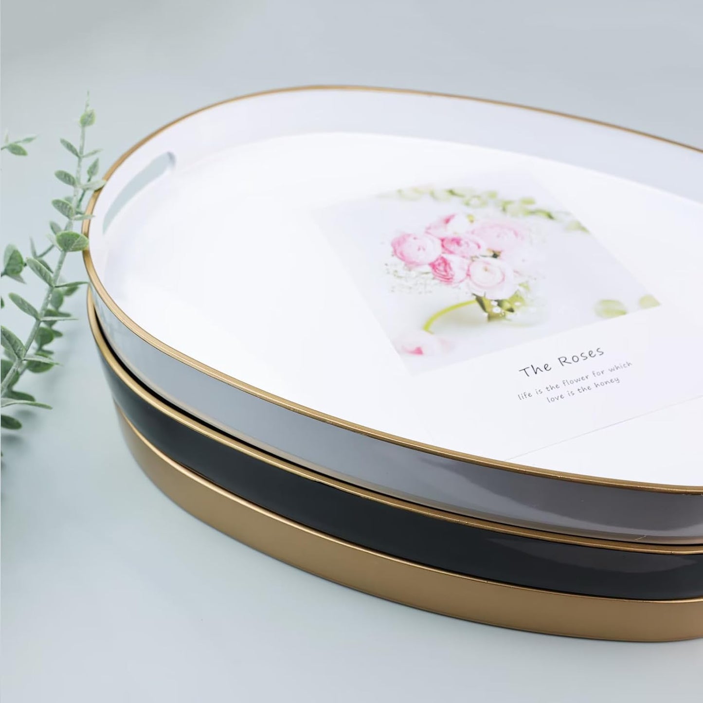 Gold Oval Decorative Tray with Handles, Versatile Serving Tray for Coffee Table, Ottoman, Ideal for Serving, Displaying, Organizing, 15.3"*10.6"*1.37"