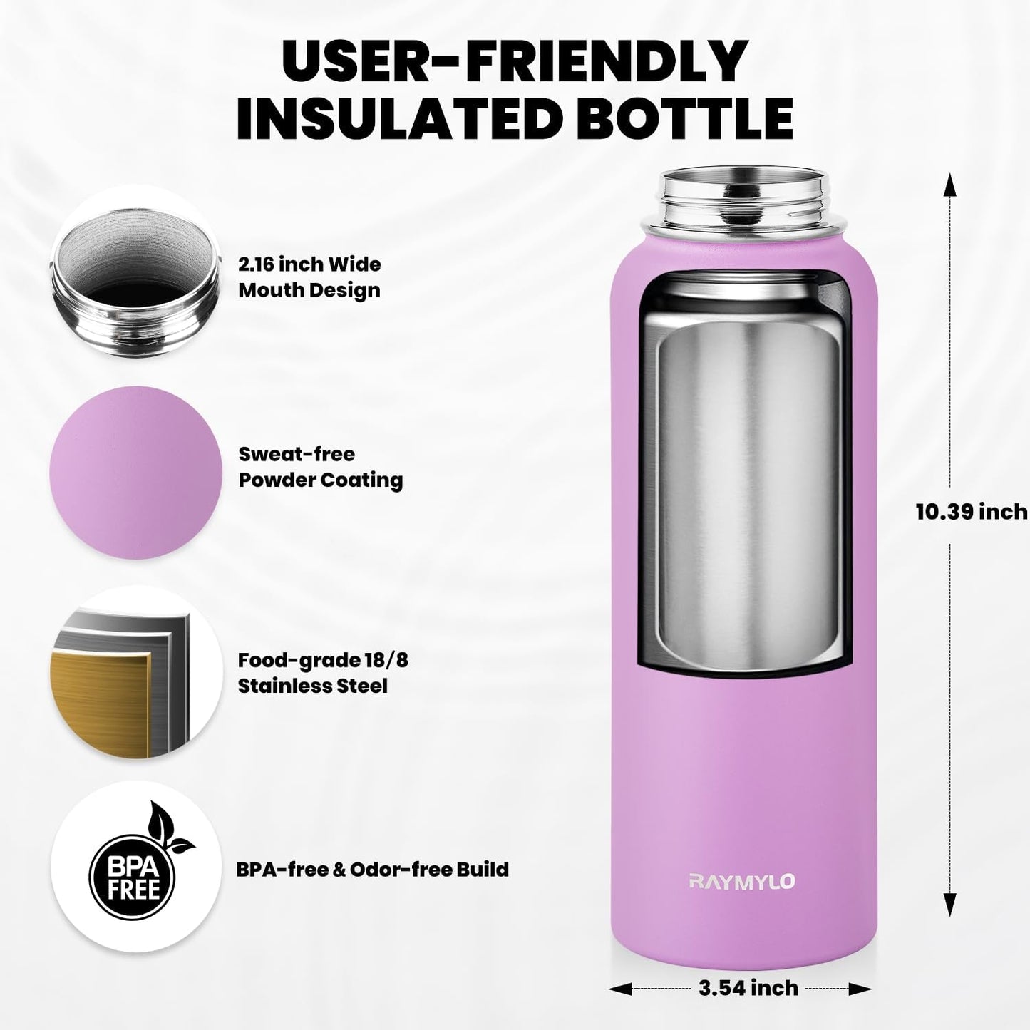 Insulated Water Bottle 40 oz, Triple Wall Vacuum Stainless Steel (Cold for 48 Hrs), Leak Proof & Non-BPA, Modern Water Flask Jug with Paracord Handle & Straw Spout Lids, Lilac