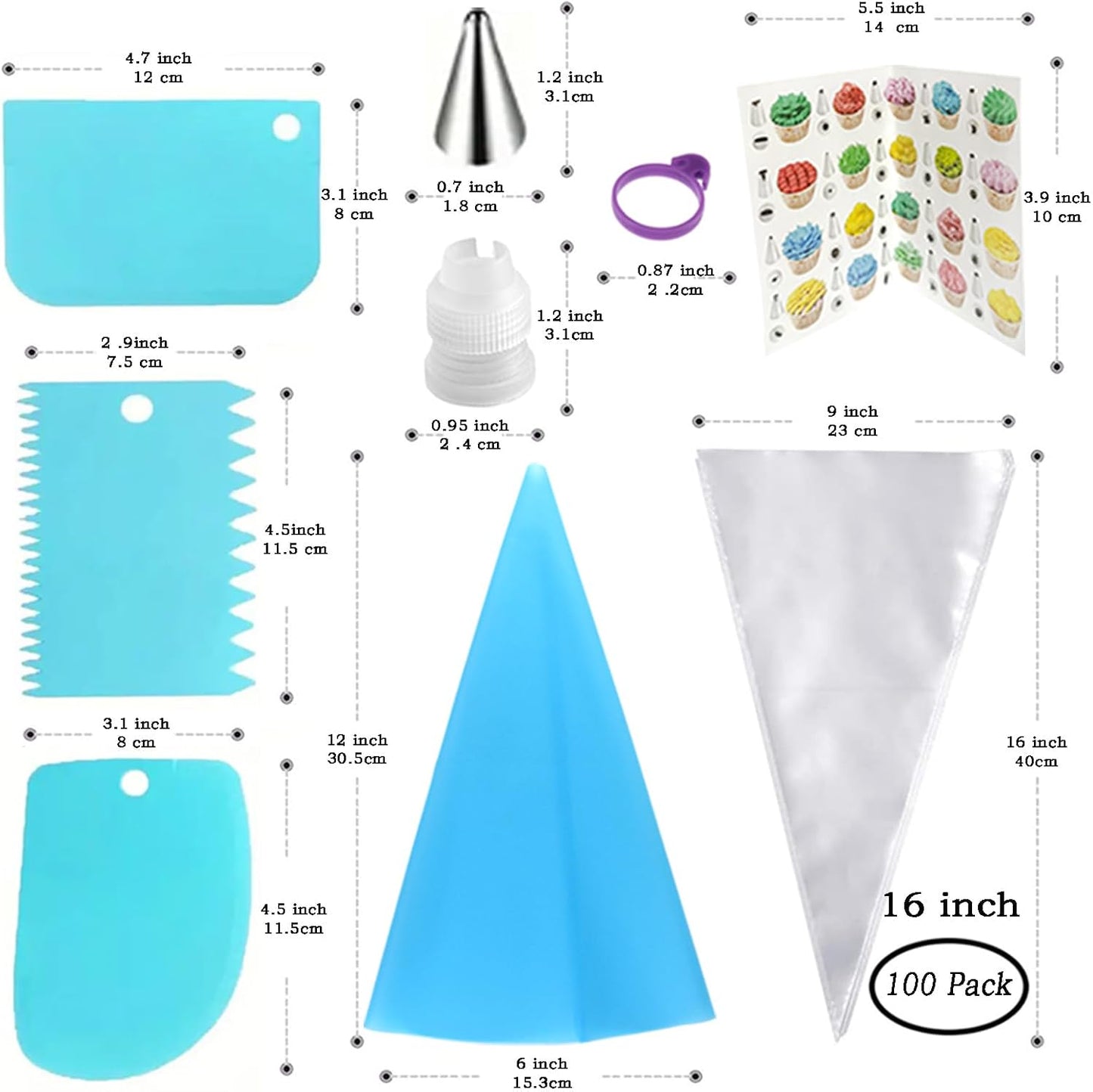 16 Inch Professional Piping Bags and Tips Set – 100Pcs Disposable Pastry Bags with Frosting Nozzles, Cake Decorating Kit for Cupcakes, Cookies, Icing, Perfect for Baking Tools and Kitchen Accessories
