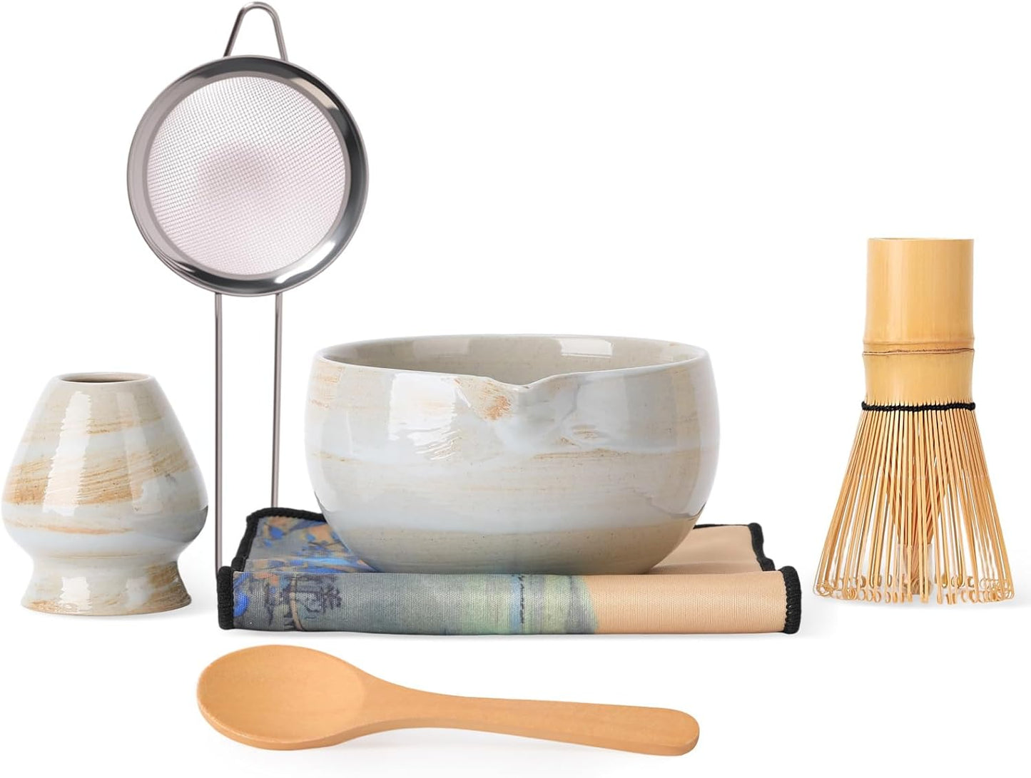 Japanese Matcha Whisk Set - 6-Piece Kit with Bamboo Chasen, Matcha Ceramic Bowl with Spout, Stainless Steel Sifter White