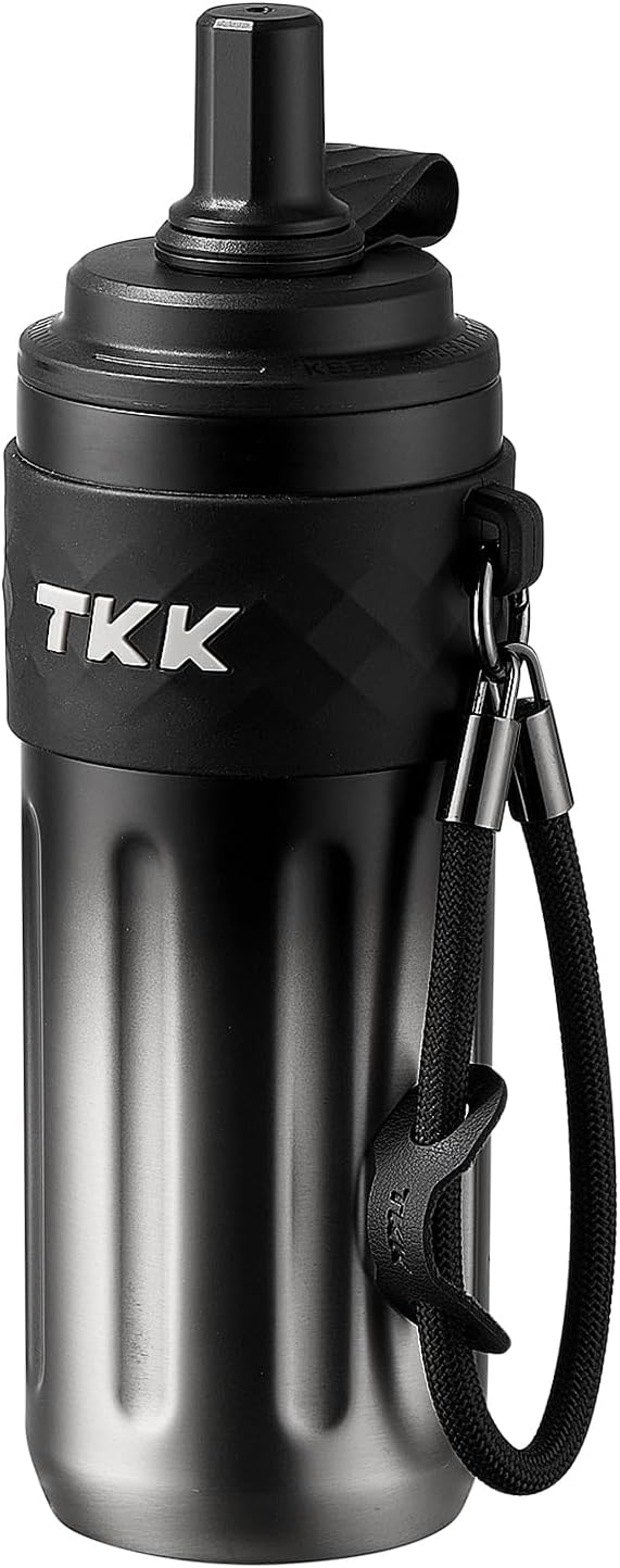 TKK 17 OZ Travel Tumbler Ceramic Lining with Straw Lid, Stainless Steel Vacuum Insulated Double Wall Coffee Tumbler, Leak Proof Iced Water Bottle with Carry Strap for Hot & Cold Drinks, SteelBlack