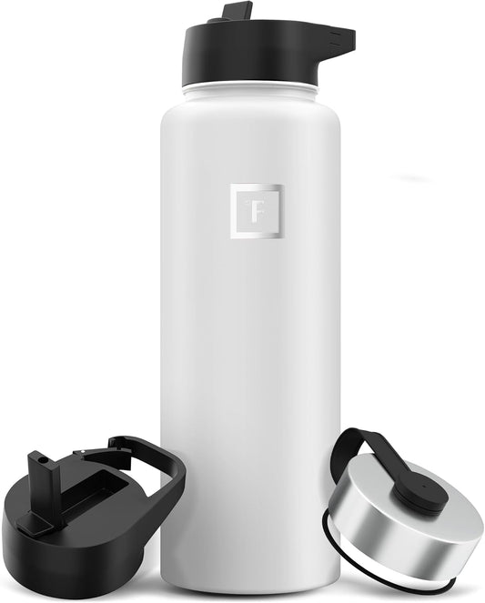 IRON °FLASK Camping & Hiking Hydration Flask with 3 Lids - Stainless Steel, Double Walled & Vacuum Insulated Water Bottle - Leak Proof & BPA Free (Winter White, Straw - 40 oz)