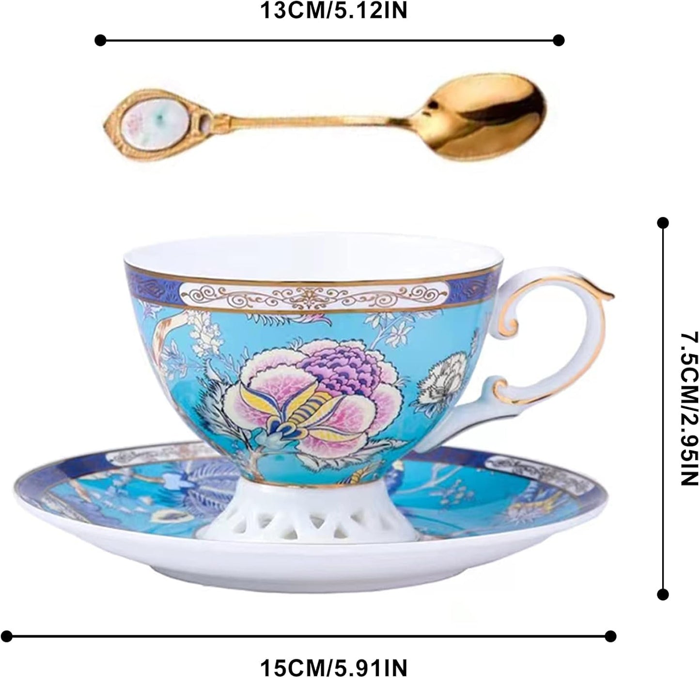 ACMLIFE Bone China Tea Cups, Tea Cup and Saucer Set for 1 Blue and White China Tea Cup 6.7oz Floral Vintage China Coffee Set for Women Party Gift Giving with Gold Trim and Gift Box
