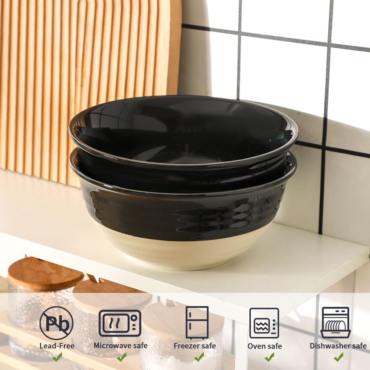 Hasense Porcelain Serving Bowls, 60 oz Salad Mixing Bowls Set of 2, 8.5 Inch Large Serving Dishes for Entertaining, Perfect for Salad, Soup, Pasta, and More, Dishwasher Microwave Safe, Black