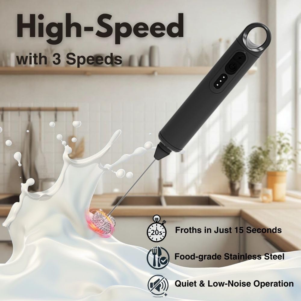 Rechargeable Milk Frother Handheld 3 Speed Coffee Foamer [3 Whisk] Electric Drink Mixer for Latte, Cappuccino, Coffee, Eggs, Hot Chocolate, Protein Black