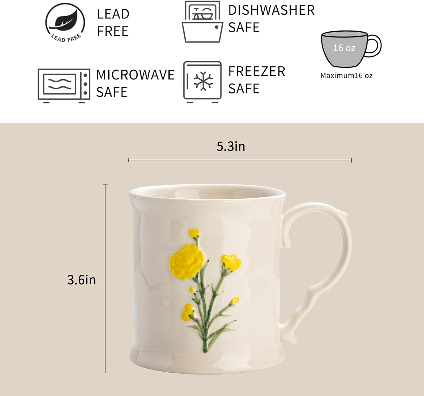 Ceramic coffee Mugs, Set of 1 Yellow Flower - 12oz, Hand-Painted, Microwave heating and dishwasher cleaning available, Ideal for Daily Brews