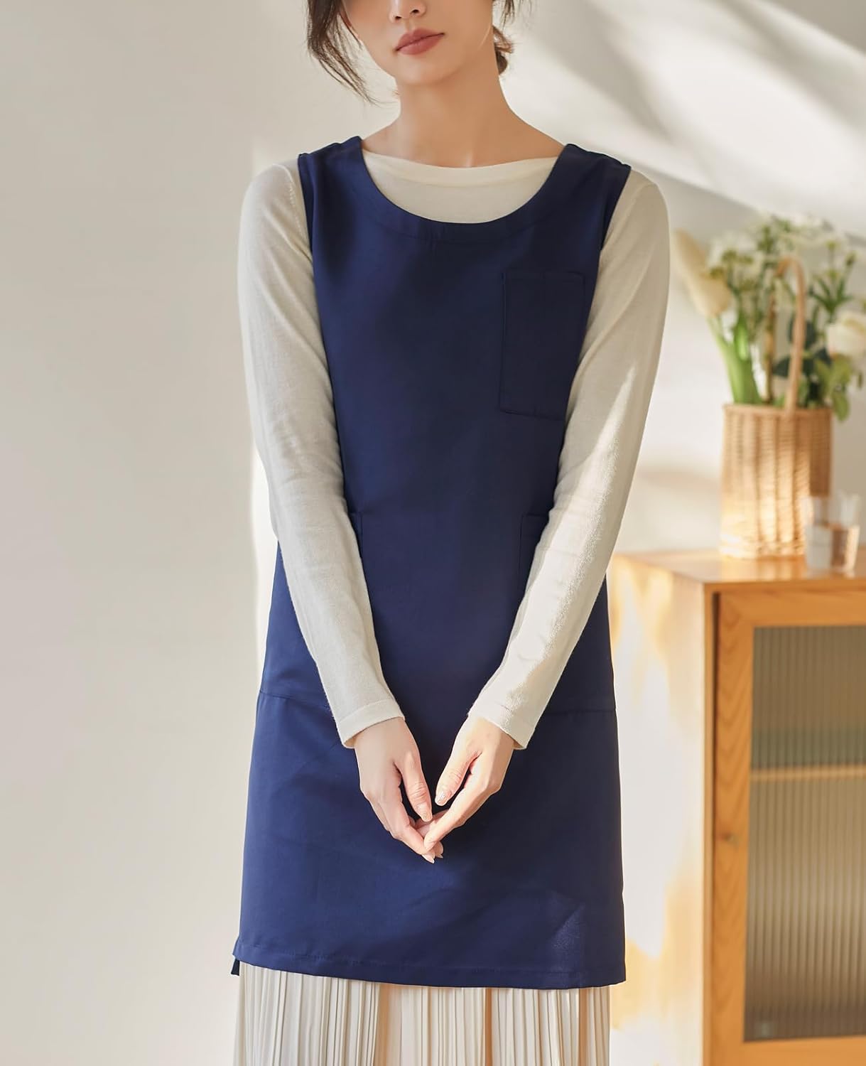 Women Cobbler Apron Japanese Style Aprons with 3 Pockets for Work Chef Kitchen