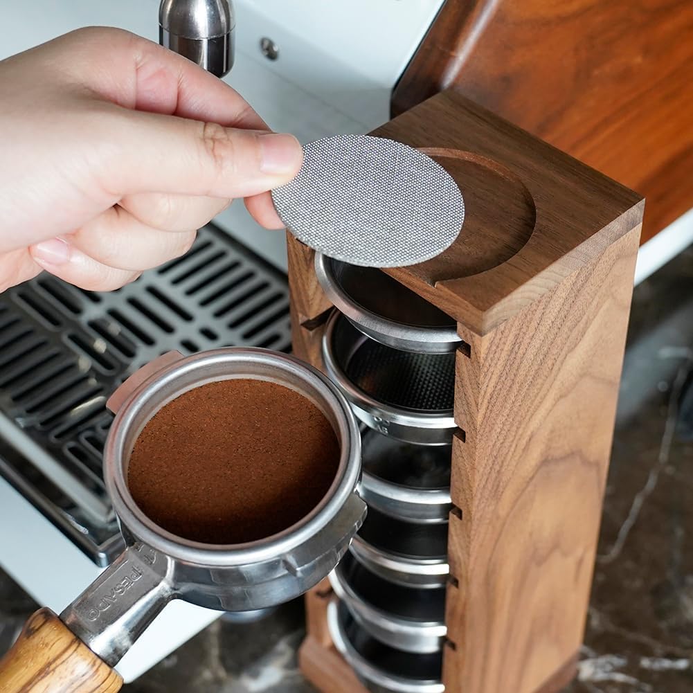 watchget Espresso Filter Basket Stand Portafilter Filter Basket Holder Rack Wooden Espresso Portafilter Precision Basket Storage Stand for 53mm Espresso Machines and 53mm Coffee Puck Screen