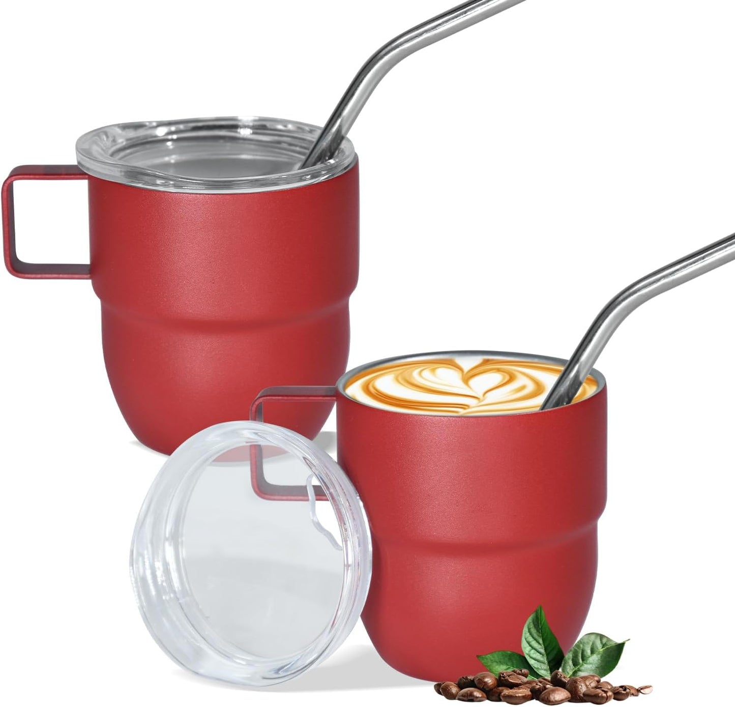 4oz Stackable Cup, Vacuum Insulated Espresso Cup Set of 2, Espresso Mug for Coffee, Double Wall Stainless Steel Mini Tumbler Shot Glasses with Straw and Lid