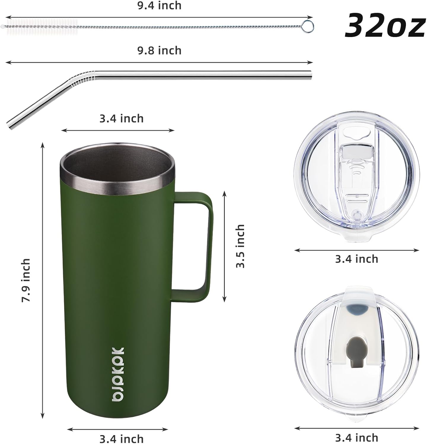 BJPKPK Insulated Coffee Mug with 2 Lids, 32oz Stainless Steel Insulated Tumbler with Handle, Double Wall Vacuum Coffee Cups, BPA Free Travel Mug for Coffee, Tea and Drinks, Forest Green
