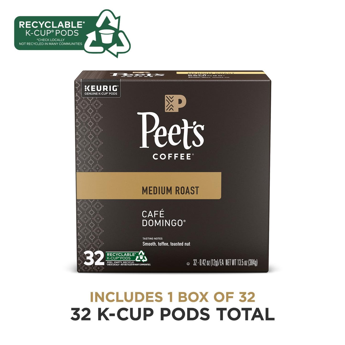 Peet's Coffee, Medium Roast Keurig K-Cup Pods - Café Domingo 32 Count (1 Box of 32 K-Cup Pods)