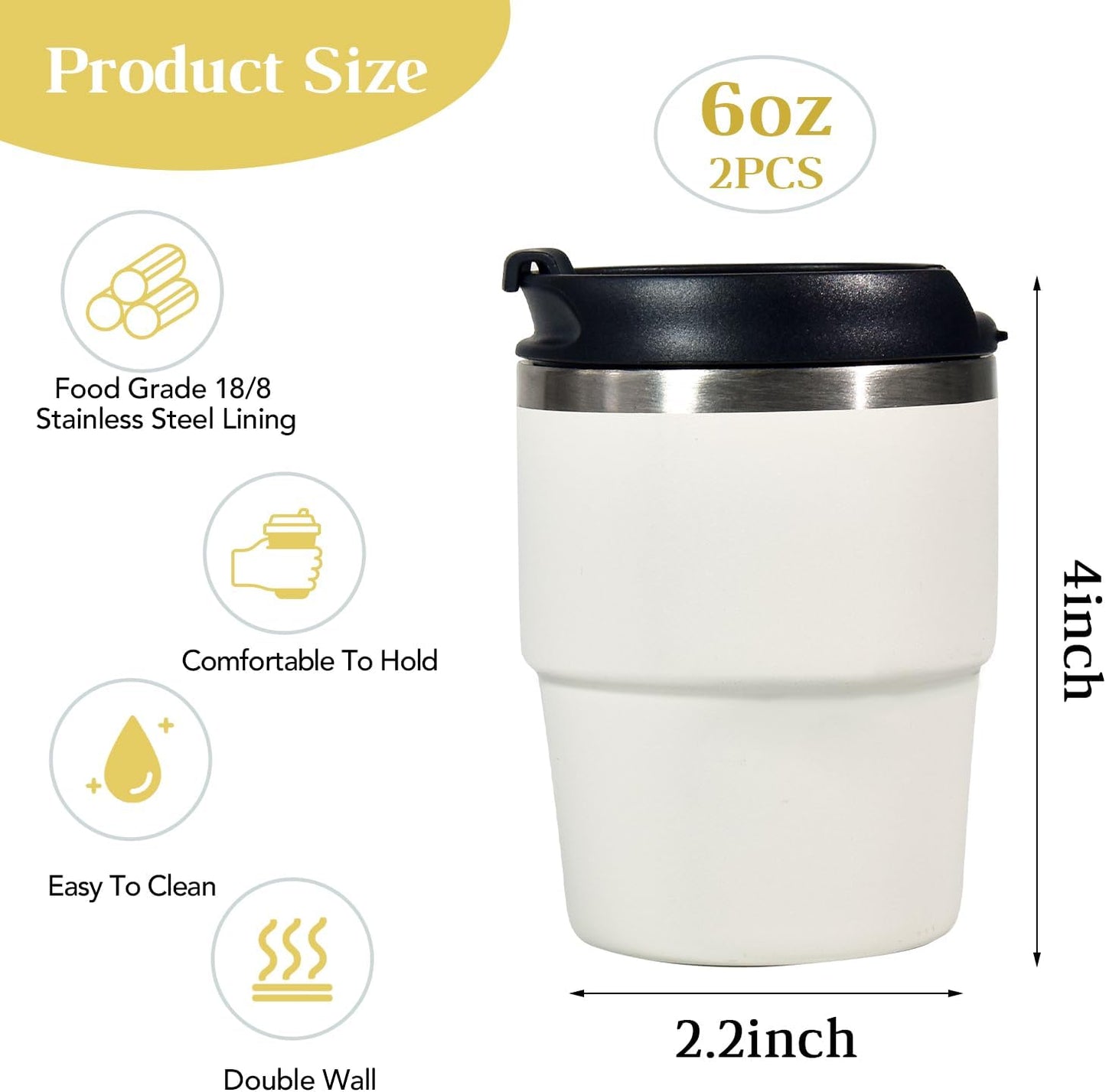 6oz Vacuum Insulated Espresso Cup Set of 2, Espresso Shot Cup for Coffee, Double Wall Stainless Steel Mini Tumbler Shot Glasses with Lid