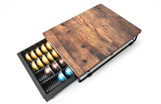 EVERIE Wooden Coffee Pod Storage Drawer Holder Compatible with Nespresso Vertuoline Capsules, Rustic Brown, NP01-WD01