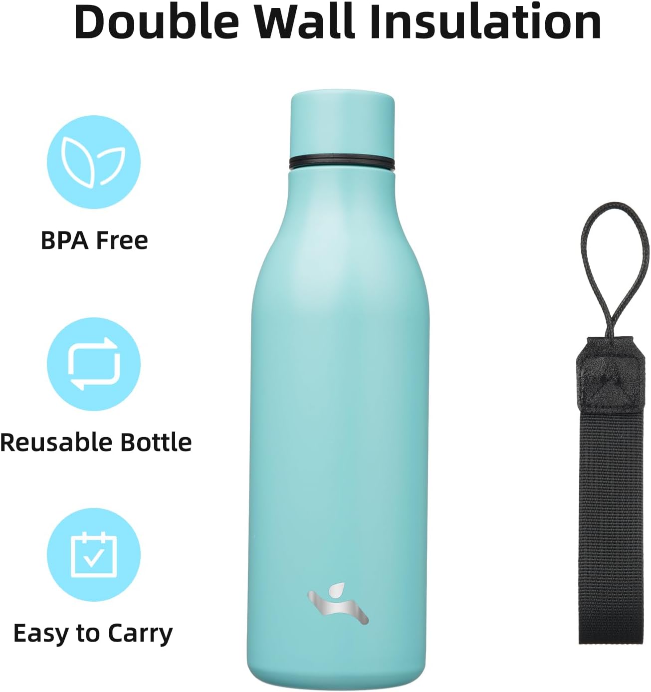 Insulated Water Bottle with Strap,18 oz Double Wall Stainless Steel Vacuum Bottles Metal Water Flask,Turquoise