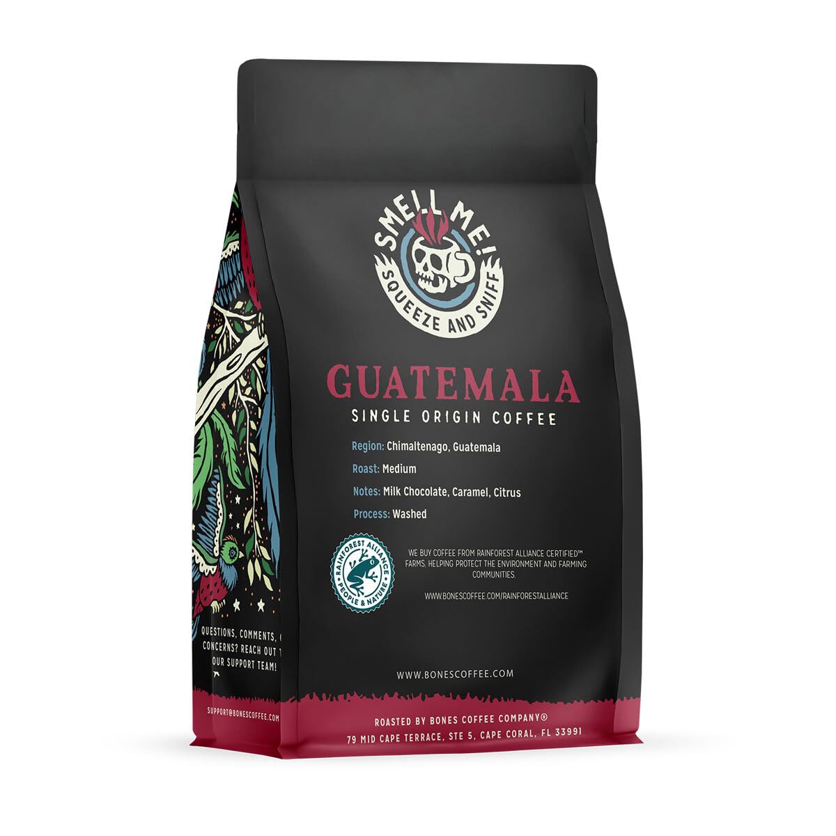 Bones Coffee Company Guatamela Single-Origin, Milk Chocolate, Citrus and Caramel Notes, Ground Coffee Beans, Low Acid Medium Roast Arabica Beans Flavored Coffee, 12 oz Ground